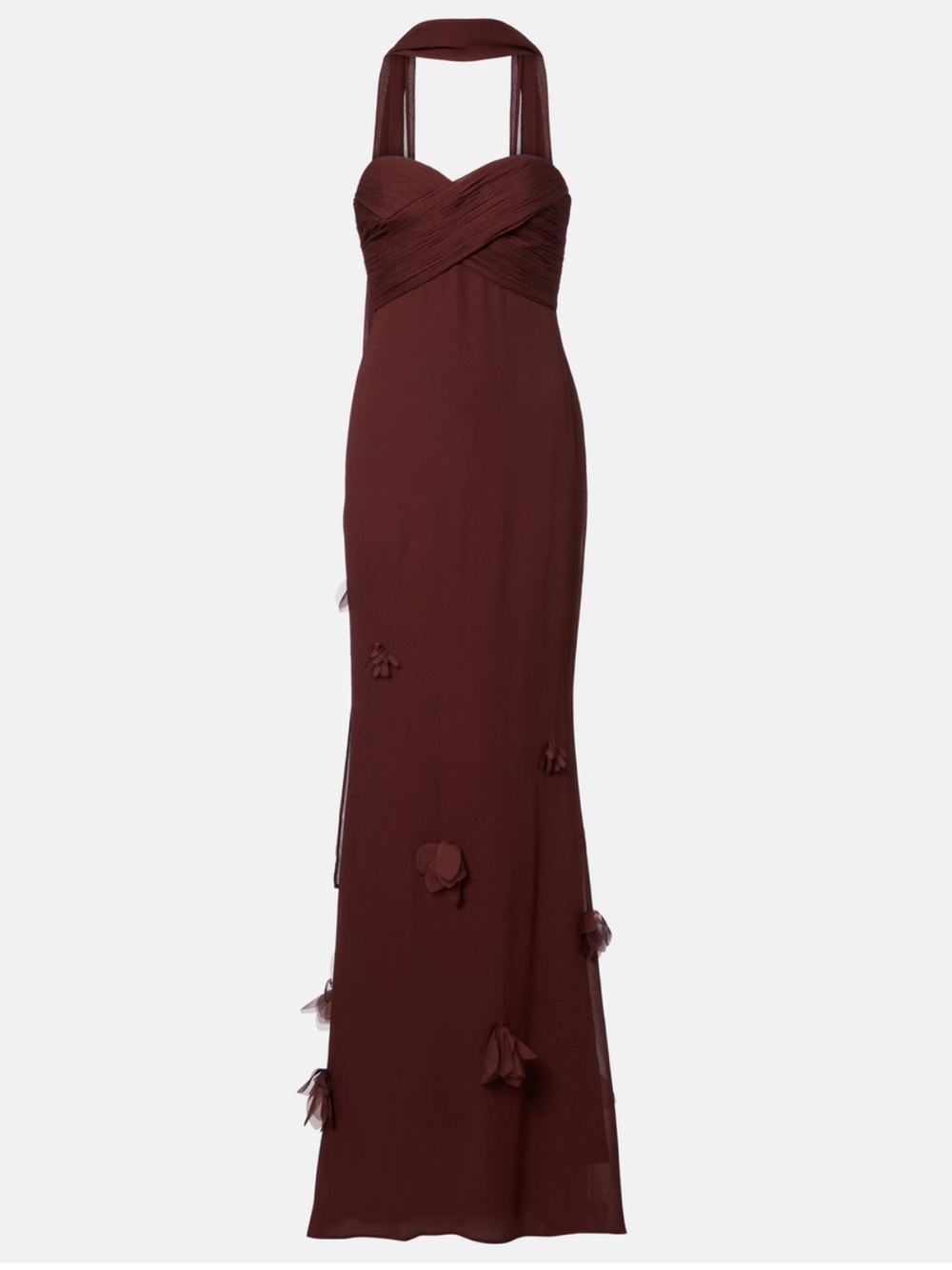 Self-Portrait Burgundy Halter Maxi Dress with Floral Appliqués
